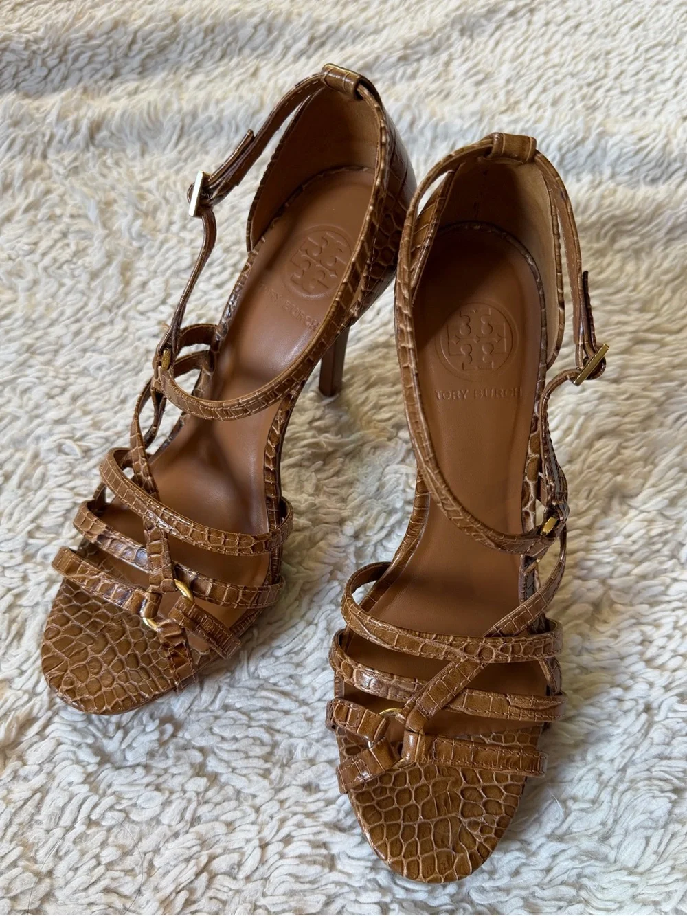 Tory Burch Cognac Croc-Embossed Strappy Heels size 8M